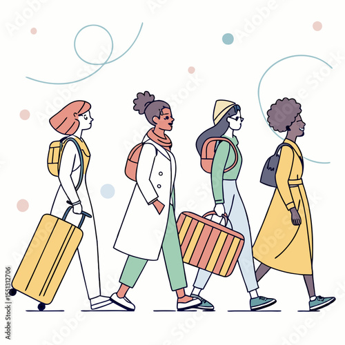 Diverse group of travelers walking with luggage