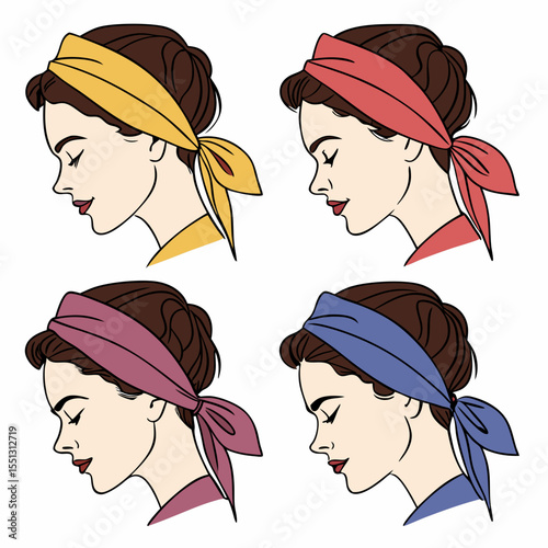 Vintage profile women with headbands in different colors