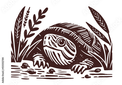 Yellow-Bellied Slider Hand Drawn Natural Illustration Stylized as Linocut Vector Isolated by AZ for Books, Arts, Design and Decoration Graphic Asset
