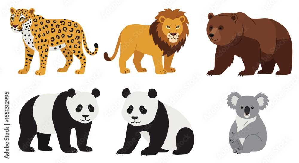Fototapeta premium Wild animals vector illustration set featuring elephant, lion, bear, and rhino silhouettes