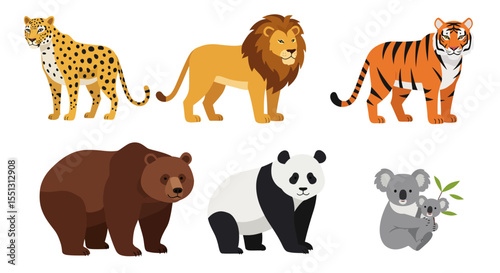 Cartoon vector animal set illustration featuring wild safari mammals like tigers, lions, elephants, giraffes, zebras, and bears, alongside domestic cats and dogs