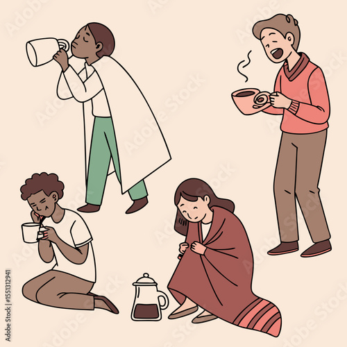 Warm Drinks and Cozy Moments: Diverse Characters Enjoying Beverages