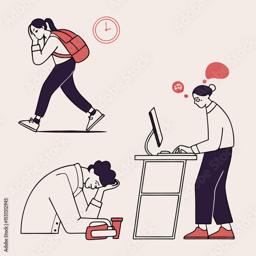 Illustrations of different work scenarios and stress feelings