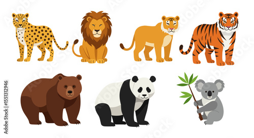 Cute cartoon wild animals vector collection including dog, cat, lion, elephant, giraffe, pig, cow, tiger, horse, zebra, and bear