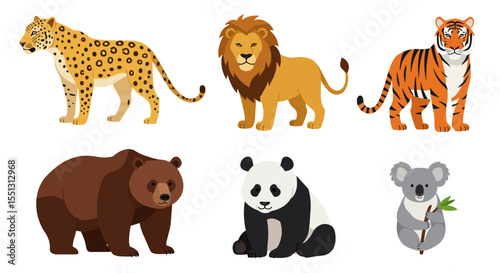 Vector illustration set of cartoon wild animals with lion, elephant, tiger, and bear for nature and safari collections