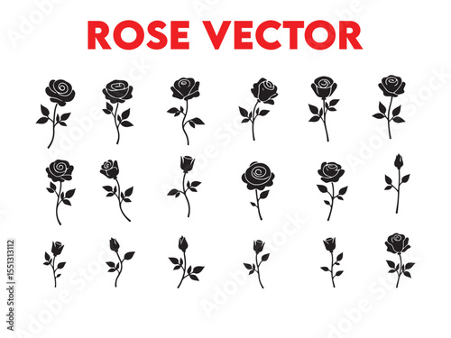 Black rose silhouettes with leaves and stems flower