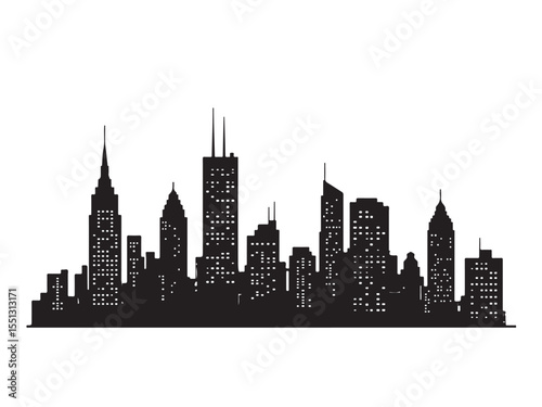 Black silhouette of a city skyline with illuminated windows
