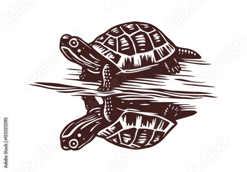 Yellow-Bellied Slider Hand Drawn Natural Illustration Stylized as Linocut Vector Isolated by AZ for Books, Arts, Design and Decoration Graphic Asset