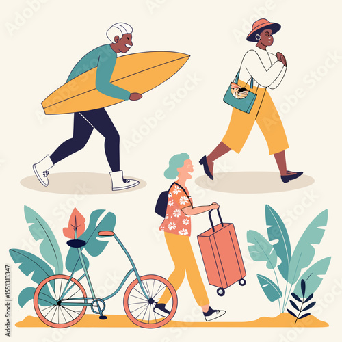 Vacationing figures in a tropical paradise