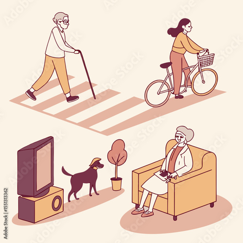 Elderly people enjoying a day out and relaxing at home