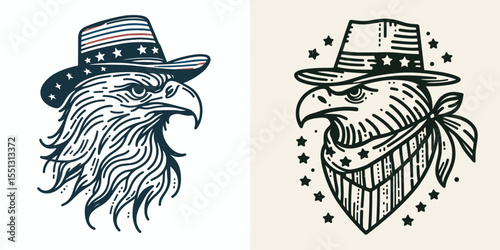 Bald Eagle with american flag overlay top hat Wearing bandana stars stripes. Independence Day 4th of July Patriotism Usa America Clipart Line Art Vector Illustration. .