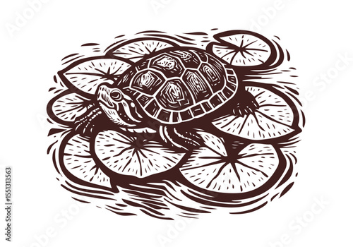 Yellow-Bellied Slider Hand Drawn Natural Illustration Stylized as Linocut Vector Isolated by AZ for Books, Arts, Design and Decoration Graphic Asset