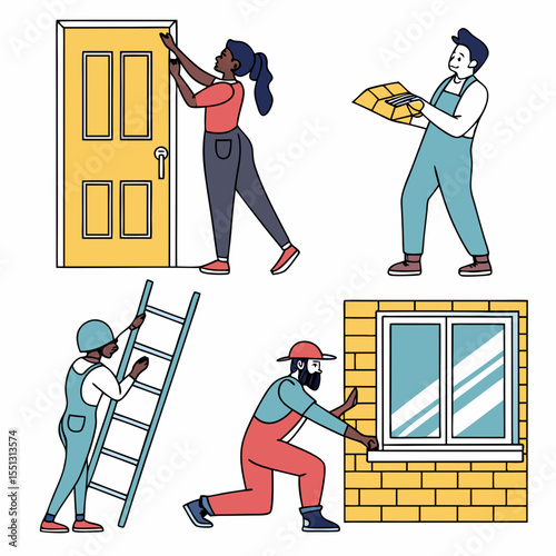 Diverse construction crew tackling home improvement tasks