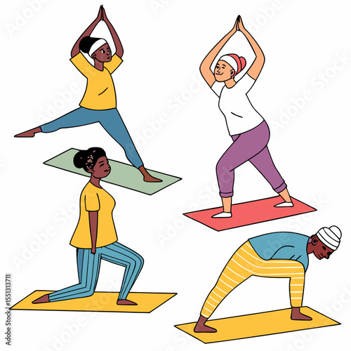 Diverse individuals practicing various yoga poses