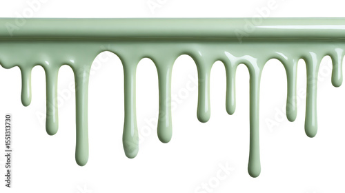 Smooth light green liquid dripping downward from a horizontal line isolated on transparent background