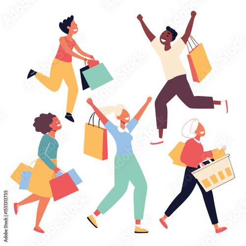 Joyful shoppers carrying colorful bags and a basket