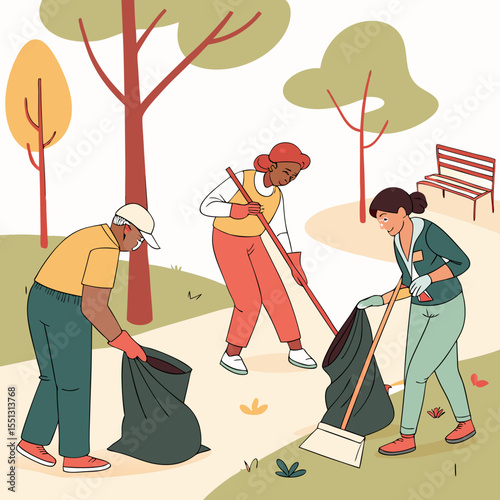 Park Cleanup Volunteers Working Together