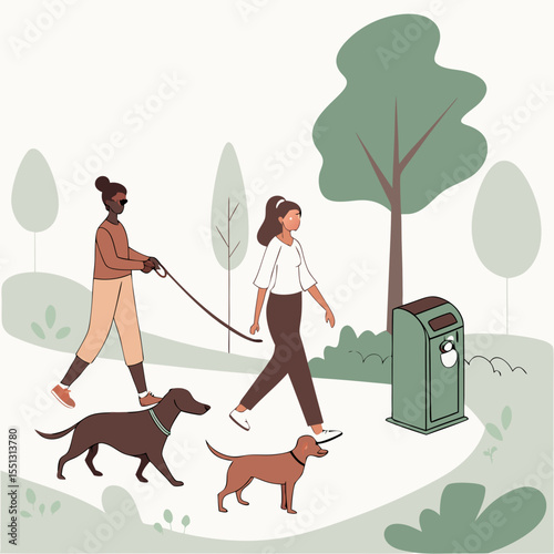 Park Stroll With Beloved Canines And Trash Can