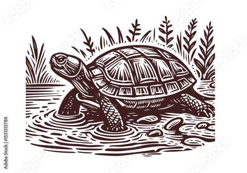 Yellow-Bellied Slider Hand Drawn Natural Illustration Stylized as Linocut Vector Isolated by AZ for Books, Arts, Design and Decoration Graphic Asset