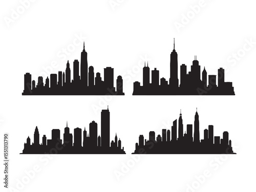 Four black city skyline silhouettes on white background