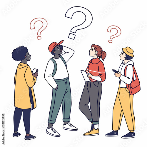Puzzled people pondering questions, seeking answers