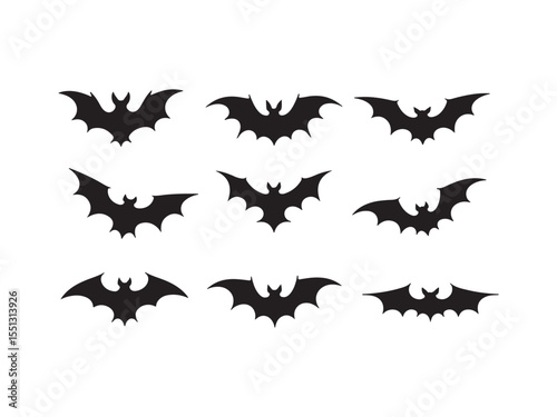Nine black bat silhouettes on white background bats