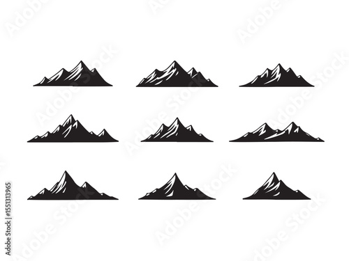 Nine Black Mountain Silhouettes on White Background