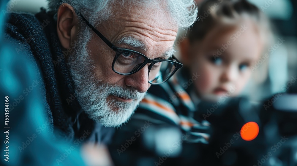 Fototapeta premium An intimate image showing an elderly man intensely focused on a camera while a young child curiously watches from behind, highlighting connection across generations in a shared moment.