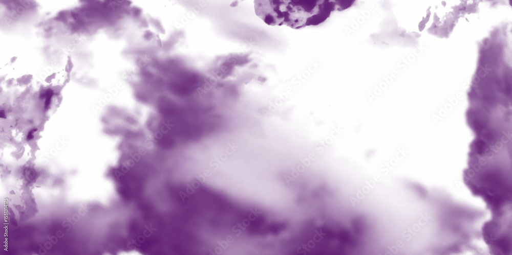 Beautiful pink sky with clouds background. Pink clouds in a white sky. Bright beautiful pink sky with white clouds. Brushed Painted Violet ink and watercolor textures on white background. 