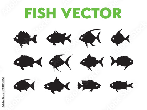 Twelve Black Fish Silhouettes On White Background aquatic