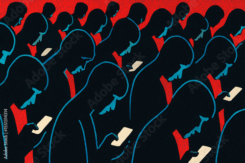 A crowd of faceless figures stare down at their smartphones, symbolizing digital addiction and conformity