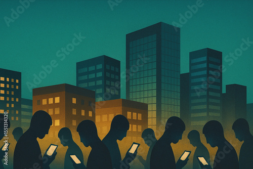 Silhouetted people stare at glowing phones while walking through a cityscape at dusk, lost in screens