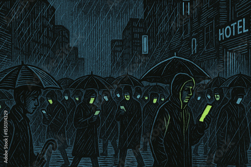 Hooded figures walk through a rainy city street, faces lit by glowing phone screens in eerie unison