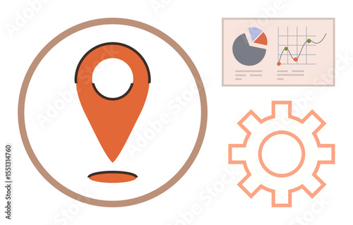 Location pin in circle, orange gear, and data charts with graphs and pie showcasing efficiency, planning, analysis. Ideal for business, analytics, geolocation, project planning technology strategy