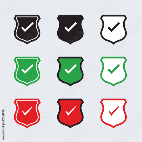 Shield icon set in vintage style. Protect shield security line icons. Badge quality symbol, sign, logo or emblem. 