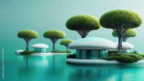 Futuristic houses surrounded by tranquil waters and lush green trees.
