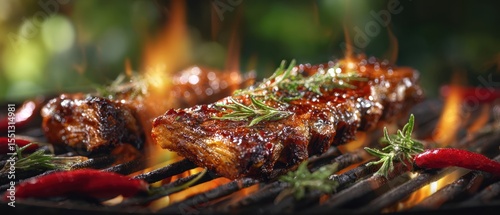 The sizzling grilled steak garnished with herbs and spices over flames.