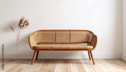 Bench in dual-tone rattan weave with rounded ends, set on pale oak floor against a textured white backdrop.