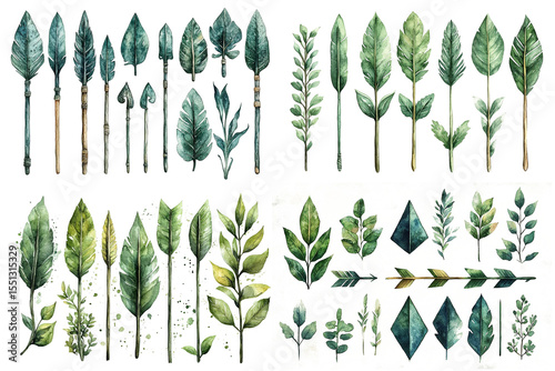 A set of watercolor pointers and navigation arrows in the form of branches in green tones to display direction. Isolated on transparent background. Artistic clipart suitable for graphics, web design