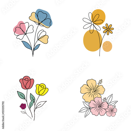 Colorful Vector Flower Illustration Bundle for Trendy T-Shirt Prints