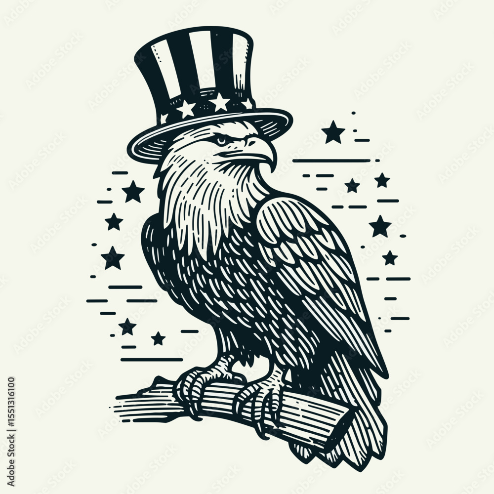 Naklejka premium Bald Eagle with american flag overlay top hat Perched upright. Independence Day 4th of July Patriotism Usa America Clipart Line Art Vector Illustration. .