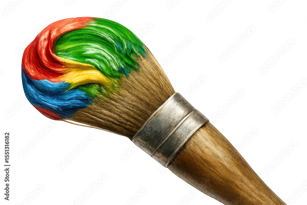 Fototapeta premium Wooden paintbrush loaded with colorful oil paint, isolated on transparent background, ideal for creative projects