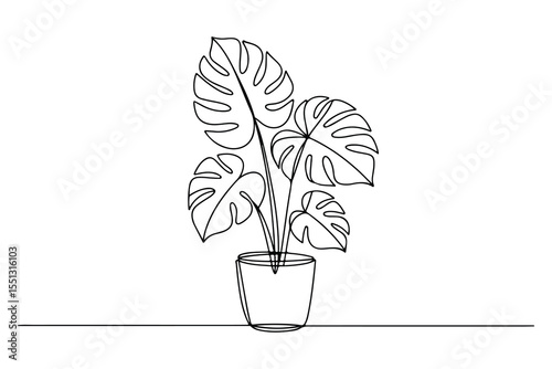 Continuous one line drawing of monstera plant in flower pot minimal botanical art illustration
