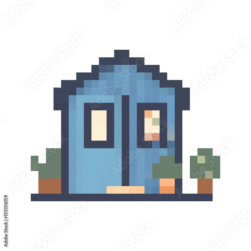 Cute blue house vector design with potted plants in a simple, minimalistic style suitable for various creative projects