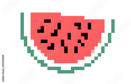 Watermelon slice in pixel art style showcasing vibrant red flesh and black seeds, ideal for summer themes and digital designs