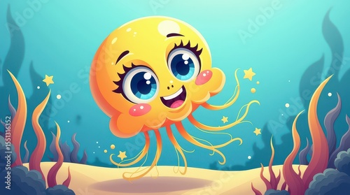 Happy Cartoon Jellyfish with Stars. The image features a cute, smiling cartoon jellyfish with a bright yellow bell and orange frills. It has large, innocent blue eyes, rosy cheeks, and a wide