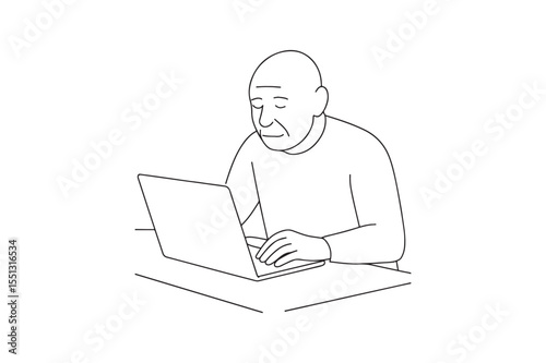 Elder at Desk with Laptop continuous one line drawing minimalism design