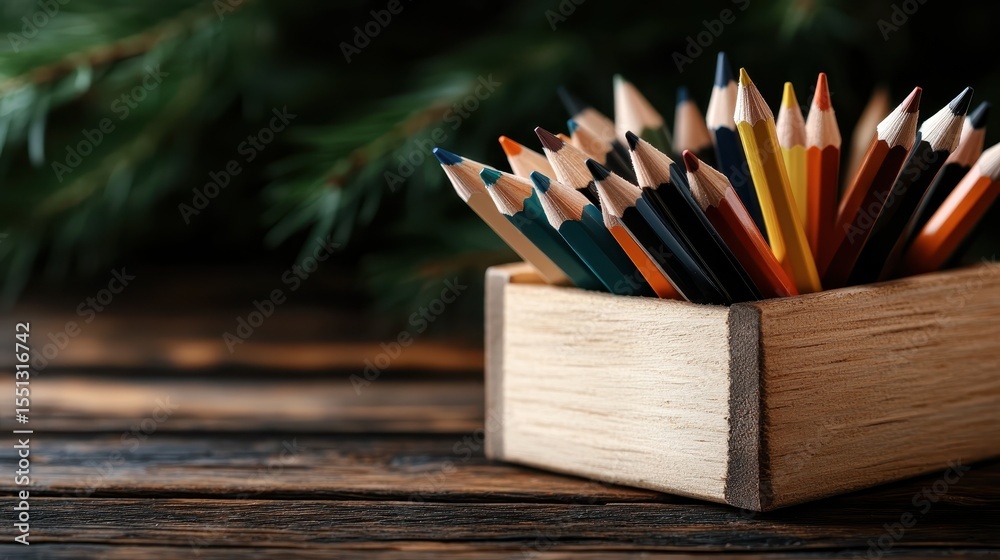 Obraz premium An artistic display of colorful pencils arranged in a wooden box, showcasing their variety and vibrancy, ideal for creative minds seeking inspiration and art.