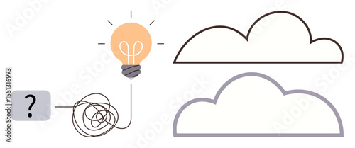 Tangled line connects question mark to glowing light bulb, leading to two outlined clouds. Ideal for creativity, problem-solving, innovation, brainstorming, decision-making, workflow, conceptual