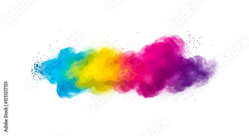 Asymmetrical Horizontal Watercolor Splash with Blue, Yellow, and Fuchsia-Purple Powdered Bursts on White Background